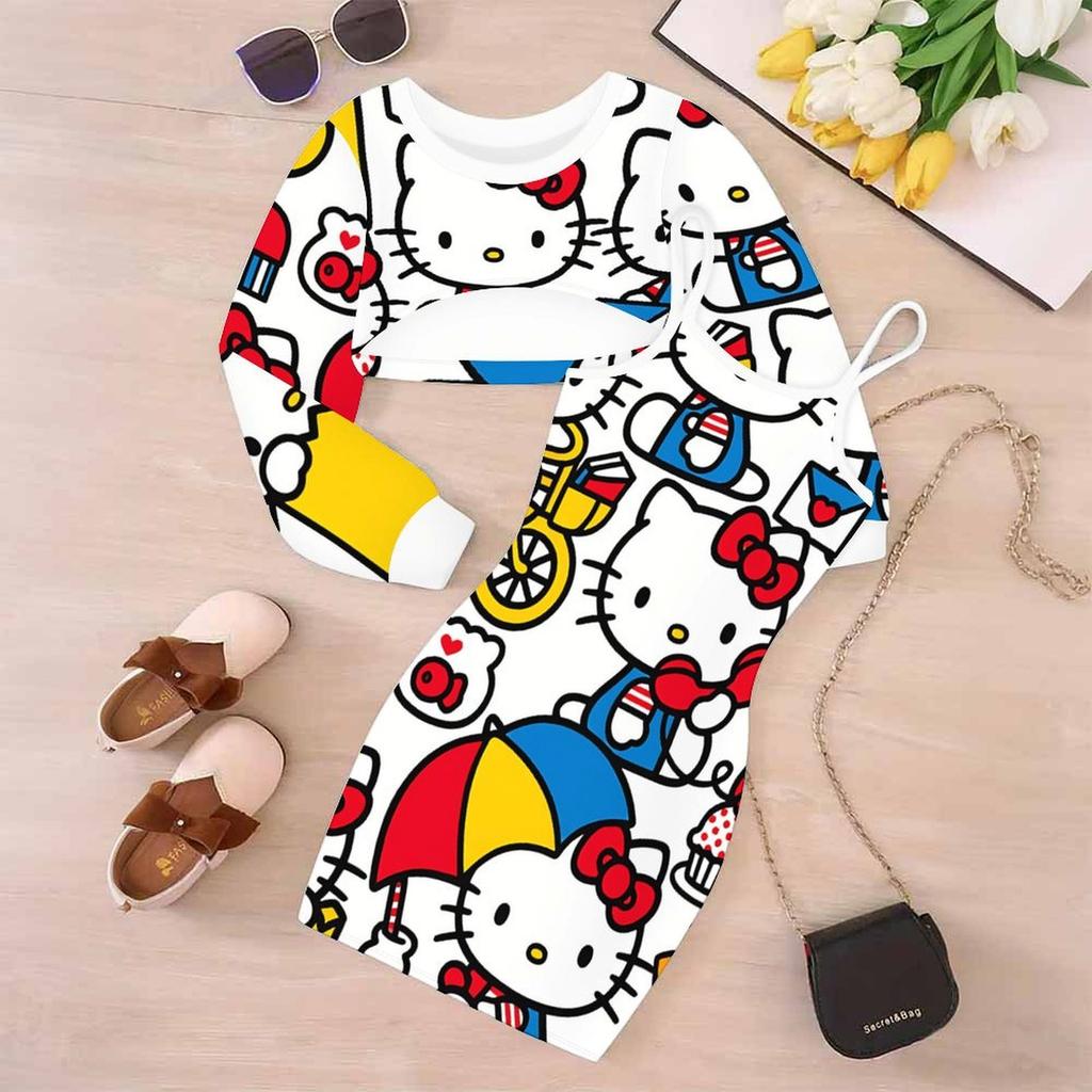 Girls Cartoon 2 Piece Outfits, Long Sleeve Crop Top + Spaghetti Strap Bodycon Dress, Simple Playful Print Party Dress Set