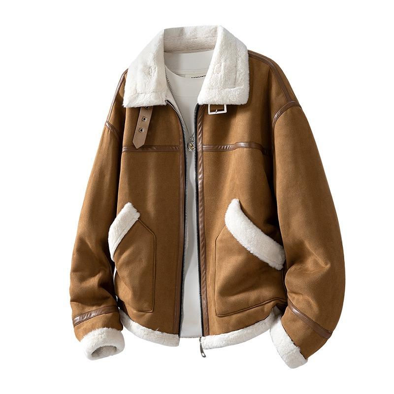 Lamb Wool Cotton-padded Coat for Men and Women Imitation Leather Fur Piled Thickened Cotton-padded Jacket Lapel Cotton-padded Jacket L