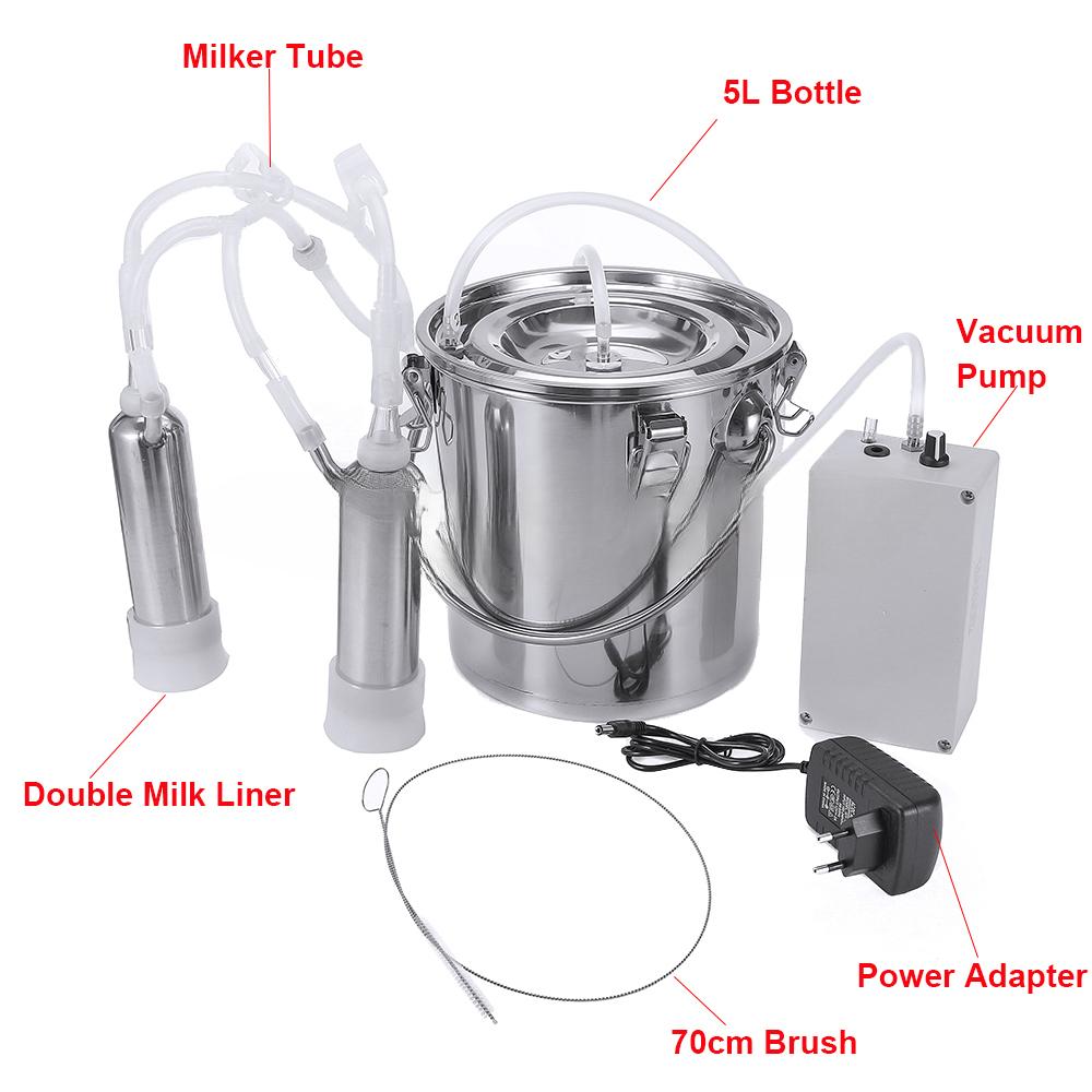 24W 5L Sheep Cow Goat Milker Stainless Steel Electric Milking Machine Stainless Steel Bucket Suction Vacuum Pump Household Milker