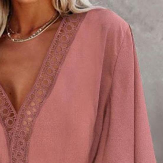 Blouse Solid Color Loose 4 Colors Women Hollow Out Lace Stitching Tops