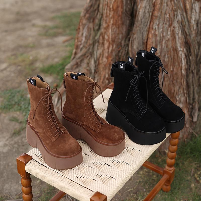 Fashion 2024 New Autumn Women Boots Cow Suede Shoes for Women Round Toe Lace Up Casual Platform Boots Increase Height Ladies Shoes