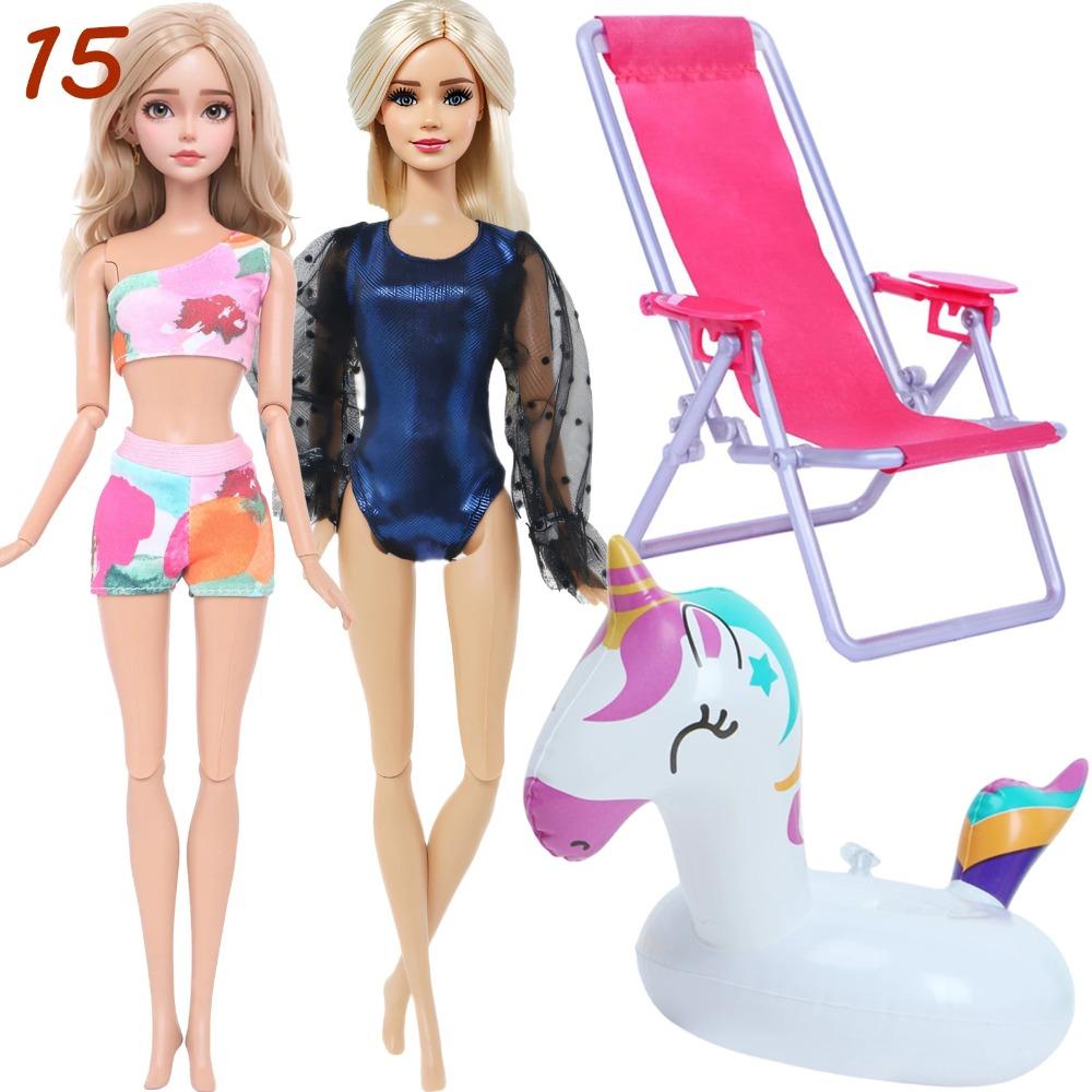 4 Przedmioty Akcesoria do Kostiumów Kąpielowych dla Lalki 2x Kostium Kąpielowy Bikini 1x Leżak Plażowy 1x Nadmuchiwany Koło do Pływania 30CM Ubranka dla Lalki 11,8 Calowa Zabawka Lalka