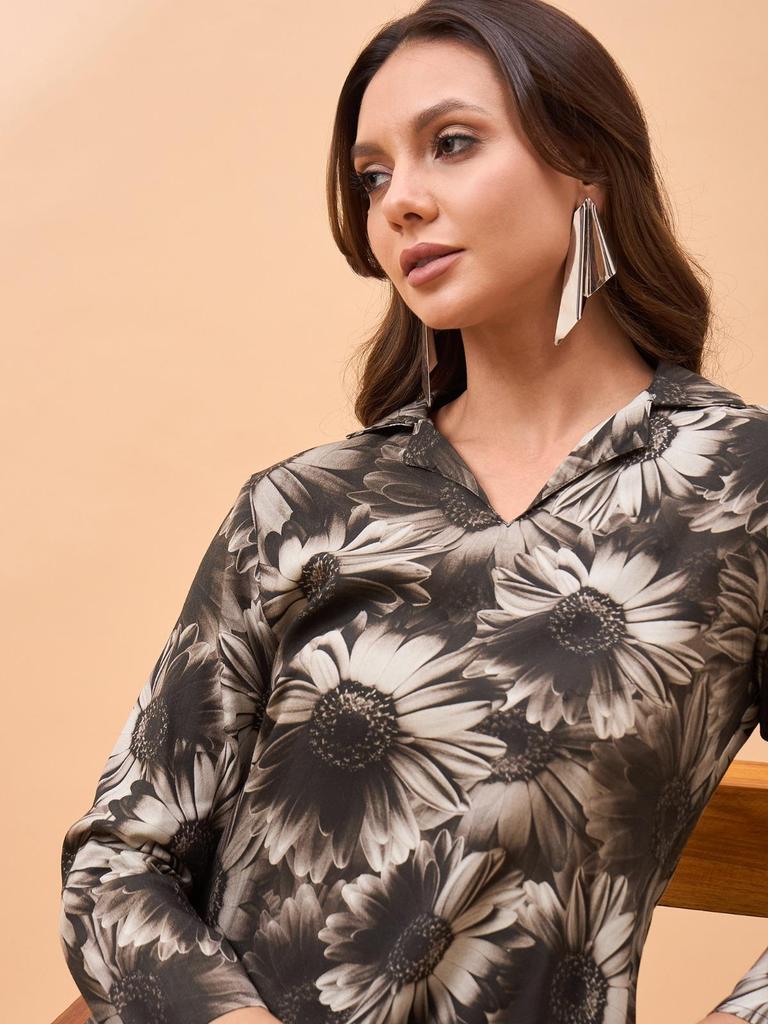Flower Printed Shirt Collar Neck Top & Flared Trouser Co-Ords in Smoky Black Color