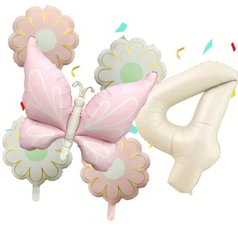6pcs Matte Pink Large Butterfly Flower Balloons 40 Inch Cream-Colored Numbers 1-9 Birthday Celebrations Home Party Decoration