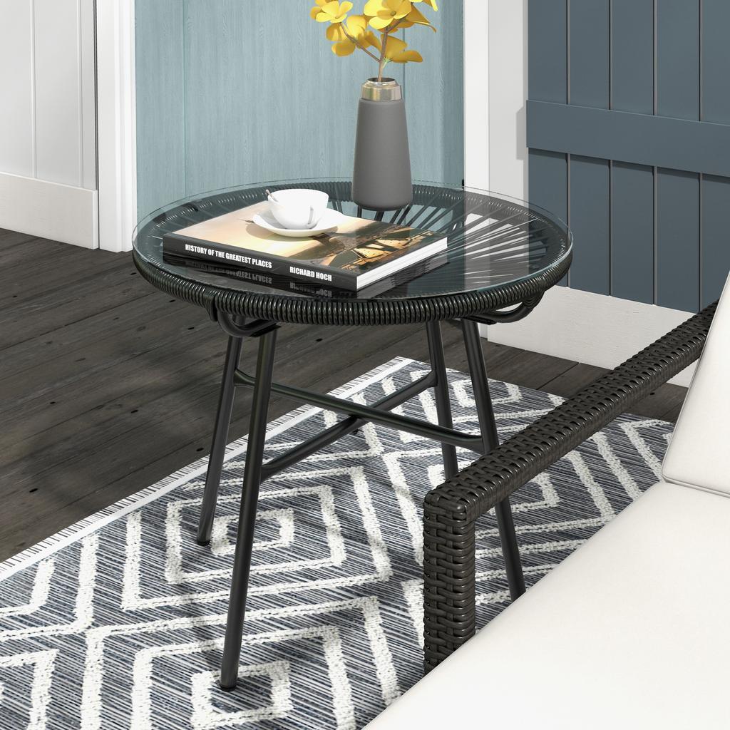 Garden Table Boho-Style Outdoor Side Table, PE Rattan, Tempered Glass, Weather-Resistant, 50 Cm X 50 Cm X 50 Cm, Black