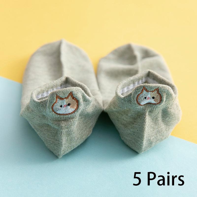 5/10 Pairs Women's Ankle Socks Cartoon Embroidery Cat Funny Short Socks Fashion No-Show Low Cut Soft Casual Female Boat Socks