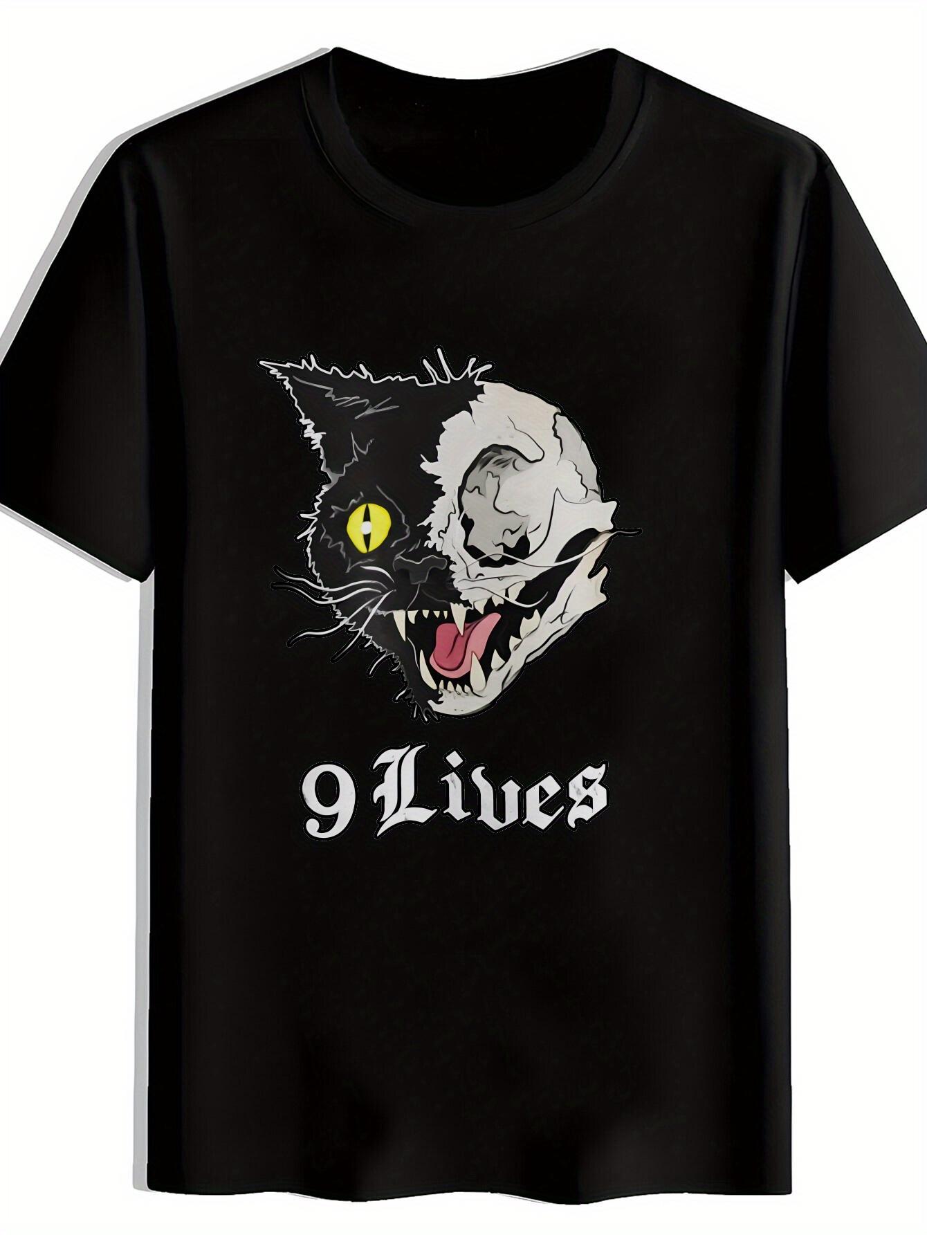 T-shirt Black 9 Lives Graphic - Retro Rock Band Design with Cat & Skull XS