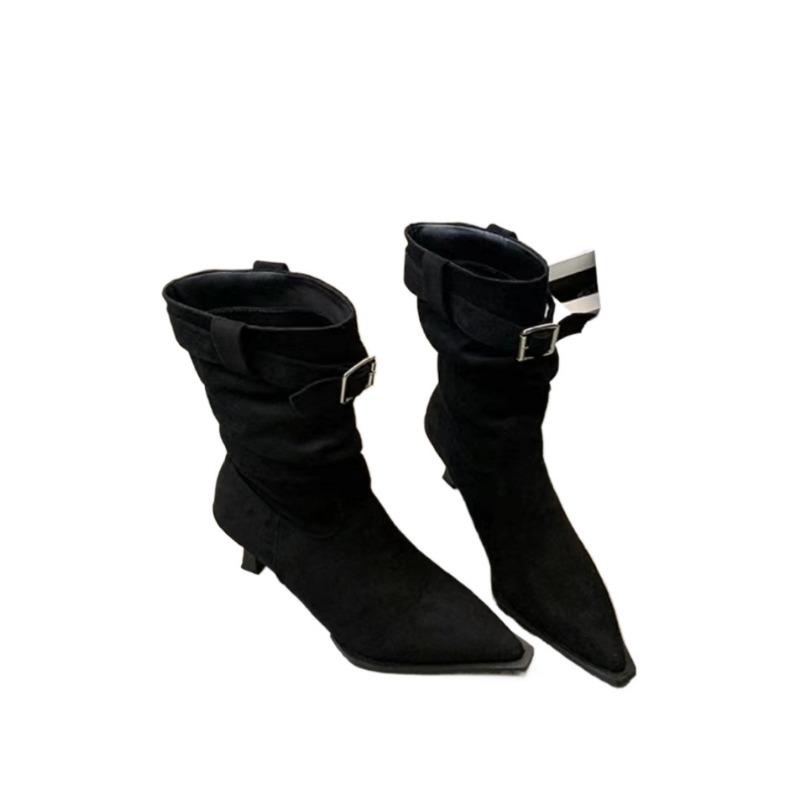Mid-calf Cow Suede Modern Boots Thin Heels Spring/autumn Ladies Shoes 2024 High Quality Slip-on Pointed Toe High Heel Boots