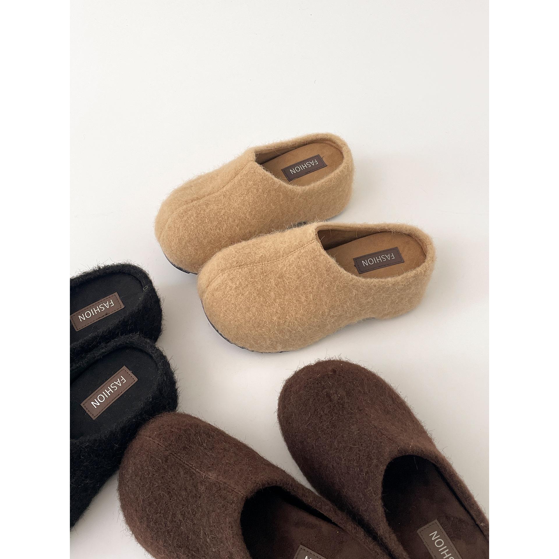

Black velvet inner heightening thick-soled half-tow Birkenstocks winter warm cotton slippers 40 хакі