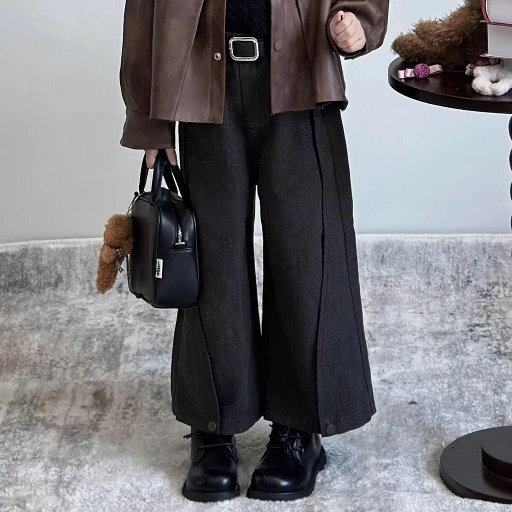 Girls' 2024 Autumn/Winter Sweet Retro Leather Jacket & Sweater Set with Wide-Leg Pants