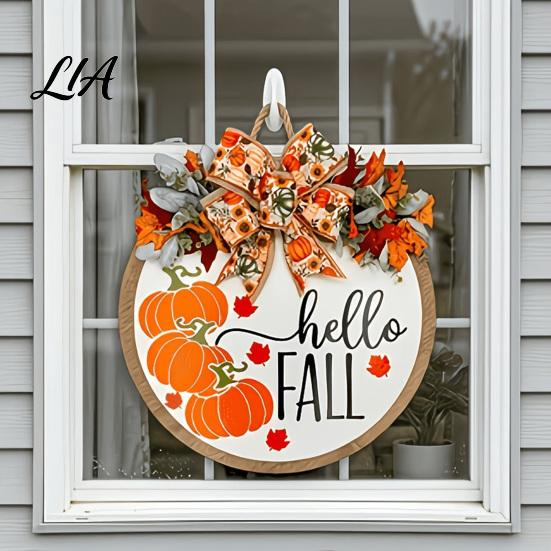 Autumn Gift for Friends Hello Fall Door Hanger, Wooden Pumpkin Welcome Sign with Bow, Wall Hanging Plaque Rustic Wreath Thanksgiving Front Porch