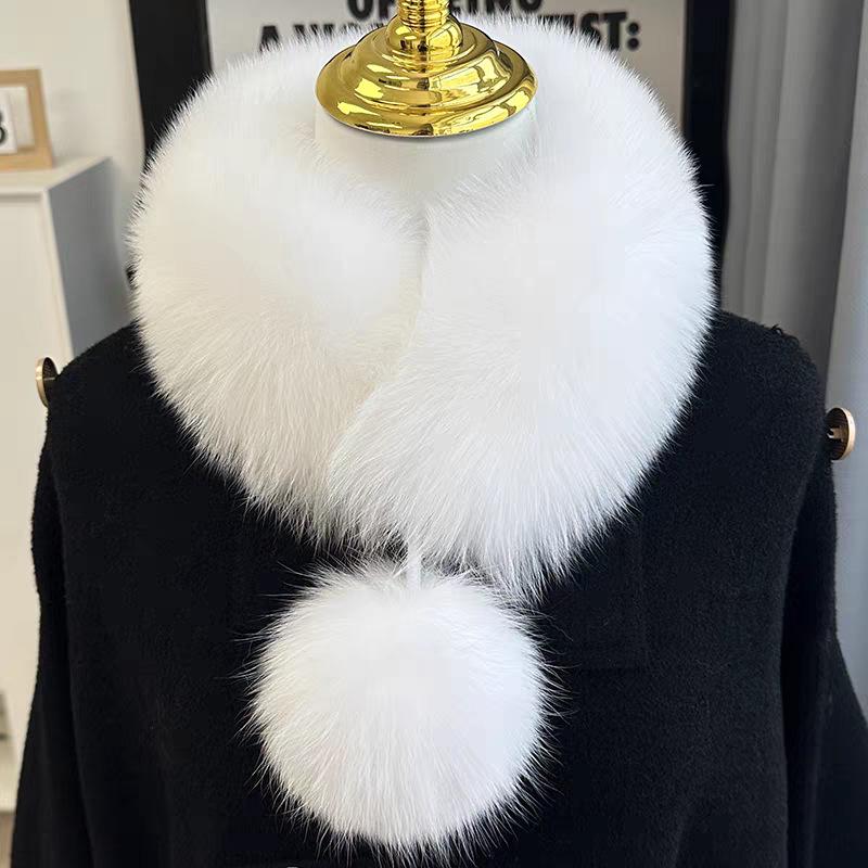 Damen Schal im Koreanischen Stil aus Echter Fuchsfell mit Großem Bommel und Magnetischem Verschluss - Beidseitig, Vielseitiger Nackenschutz für Herbst und Winter