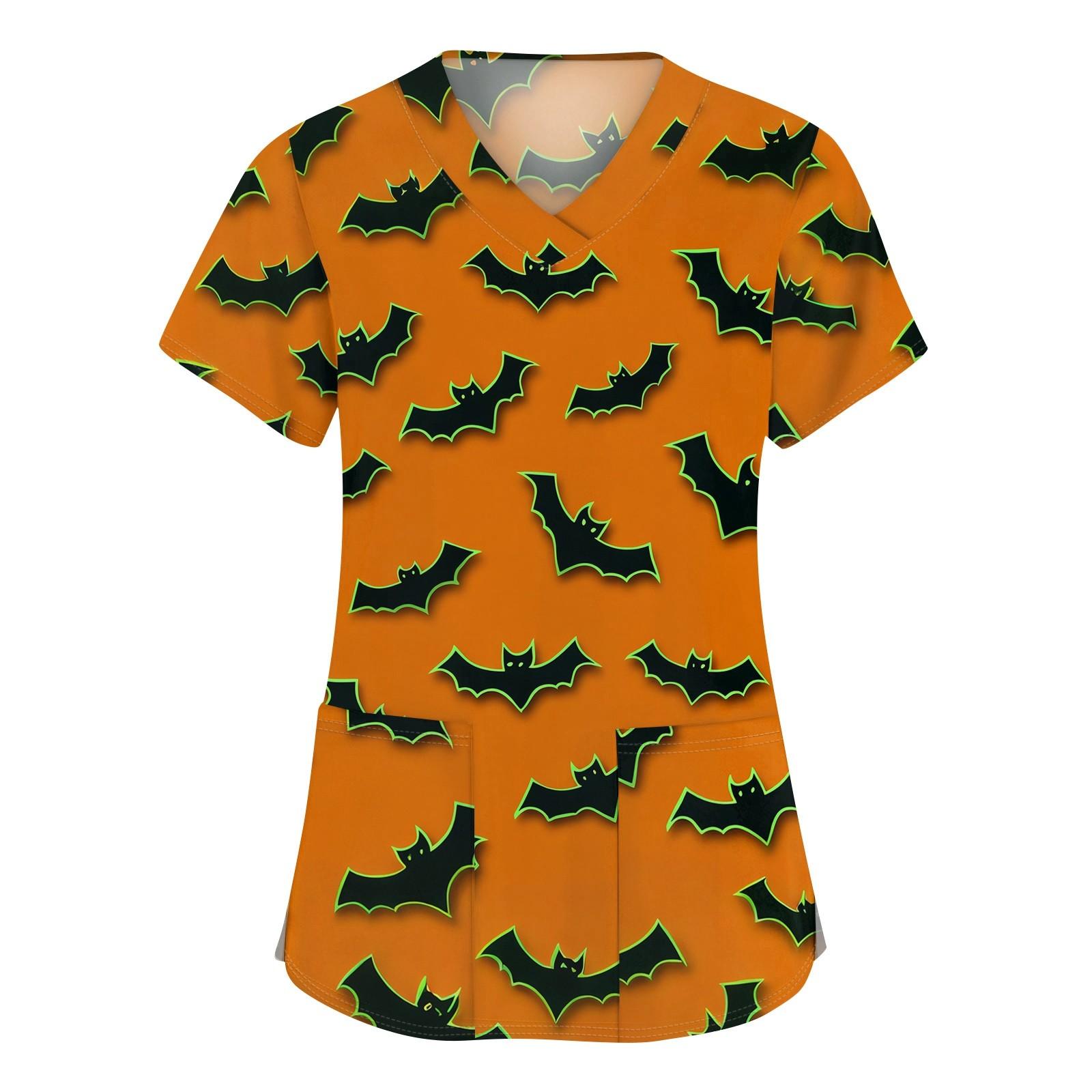 

Женская мода V-образным вырезом с короткими рукавами и карманами Топы с принтом на Хэллоуин XXXL