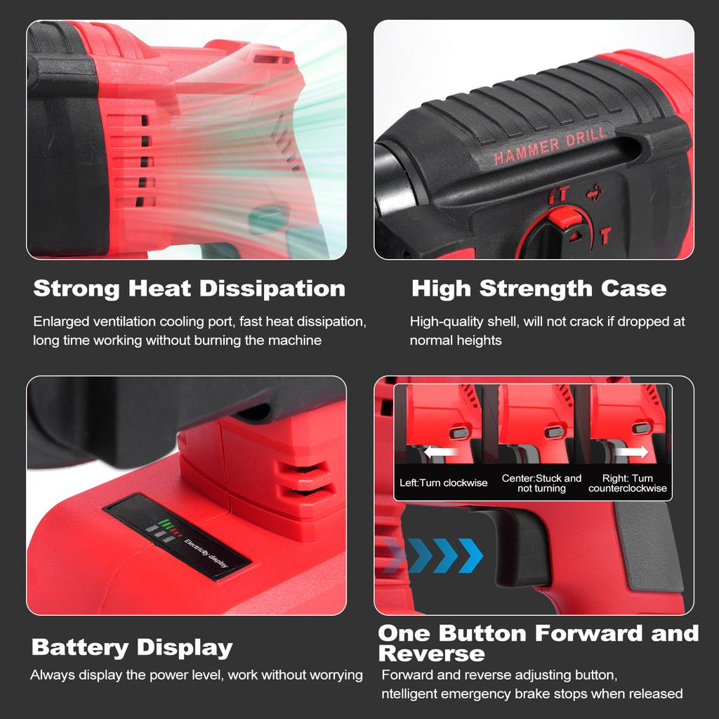 Bürstenloser Bohrhammer Bohrhammer 3 Modi Wahlschalter Variable Geschwindigkeit 360 Grad Verstellbarer Griff
