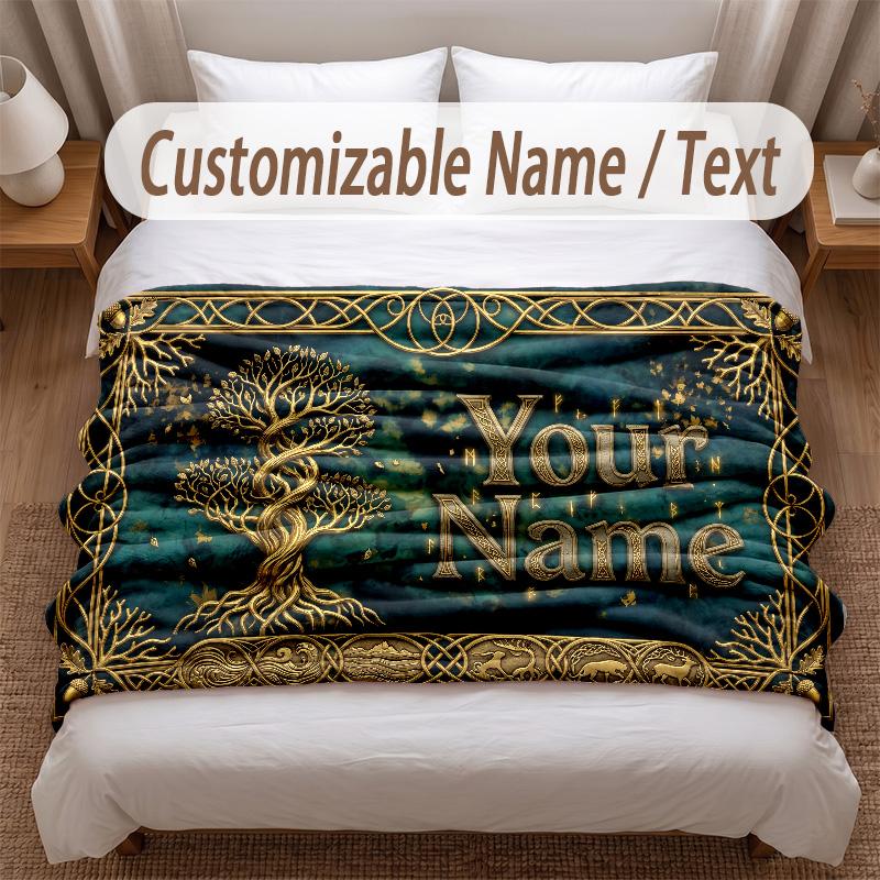 Tree of Life Theme Soft Blanket Personalized Custom Name Text Print Warm Blanket Home Sofa Bedroom Decor
