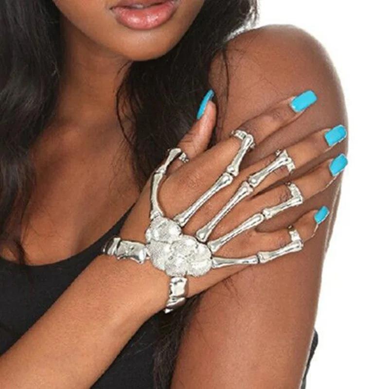Gothic Punk Skull Ghost Skeleton Finger Bracelet Hand Chain Bangles for Halloween Femme Party Accessories