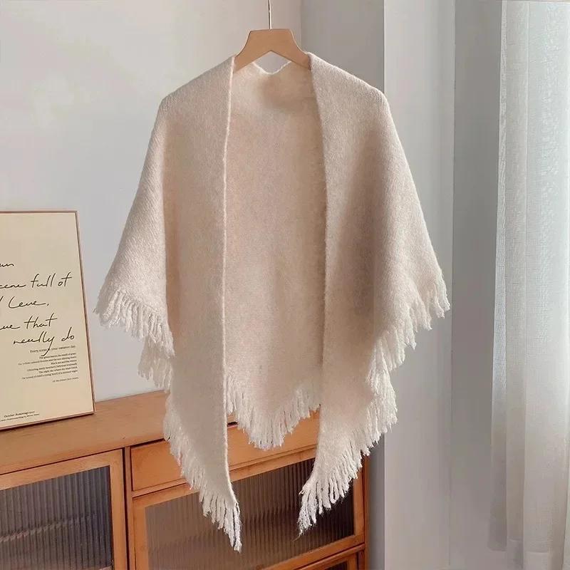 Elegant Versatile Warm Wool-Blend Fringed Triangle Scarf Korean Style Ins Motorcycle Helmet Style Neck Warmer Accessory
