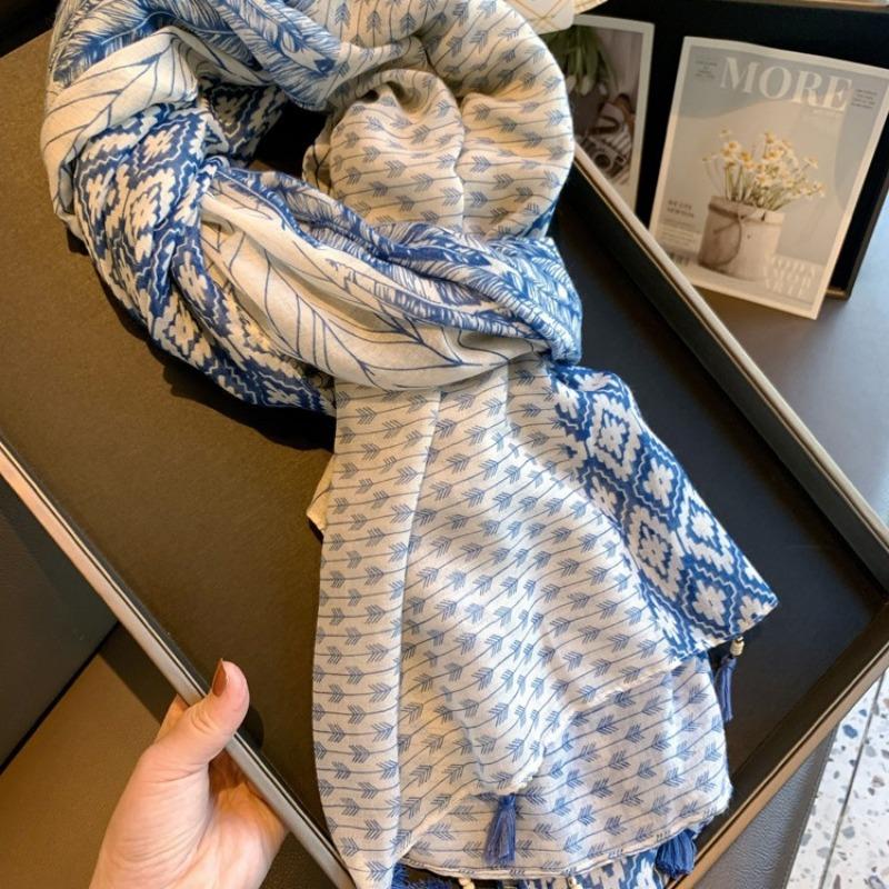 Silk Scarf Women's Summer Versatile Thin Gauze Cotton and Linen Scarf Blue Feather Fringed Beach Towel Sun Protection Shawl