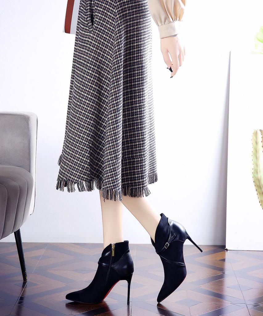 High heeled women's 2026 spring and autumn warm and fashionable pointed and ankle boots with belt buckle and slim heels