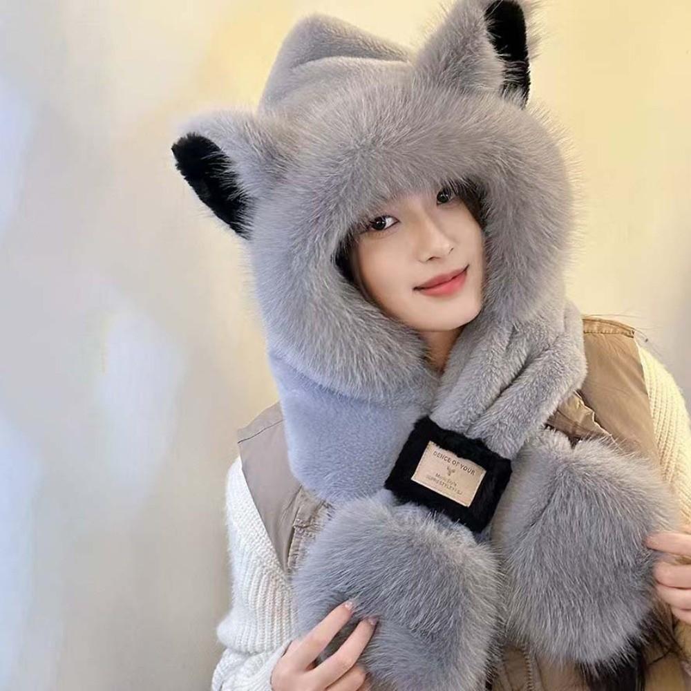 Cartoon Winter Plush Hat 2 IN 1 Ear Protection Cap Skiing Animal Ear Scarf Hat  Outdoor