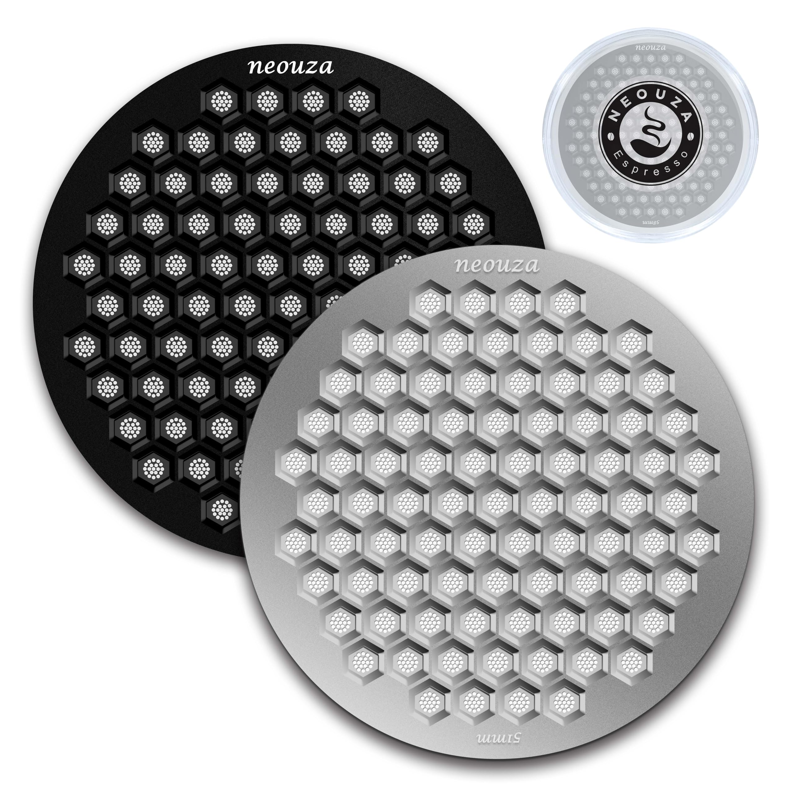 

NEOUZA Espresso Pack Screens, 0.8mm Thick Honeycomb Mesh, Reusable Coffee Filters for Portafilter Baskets, V4 (Black + Silver, 2-Pack, 51mm)