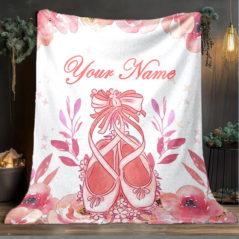 1PC Custom Name Dance Shoes Floral Background Outdooor Flannel Blankets Patterns Throw Blanket All-Season Soft Gift for Couch, Bed, Camping Gifts