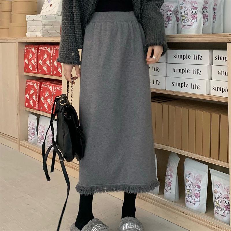 Tassel Knit Over-Knee High Waist Slim Wool Skirt with Matching Sweater