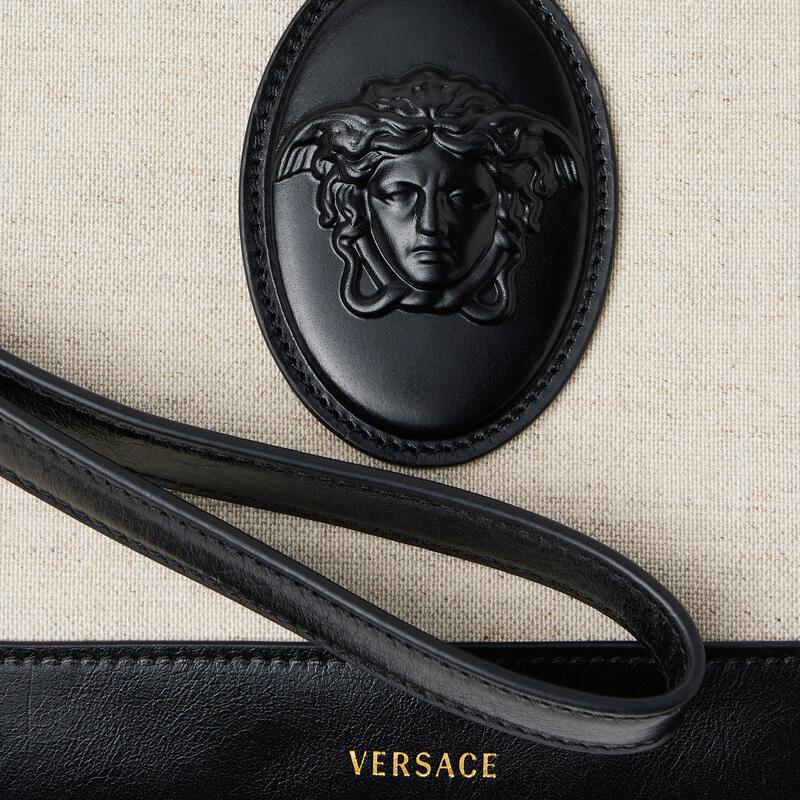 Versace Rivière Logo Zip Closure Linen Cotton Blend Calfskin Clutch Women Clutch Black Beige 1025251-1A17864-2K00J