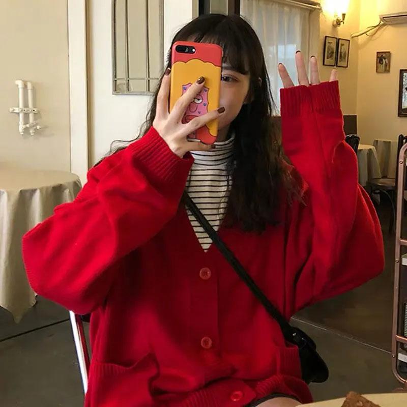 Autumn and Winter Knitted Cardigan Coat Women's V-neck Top Loose Mid-length Design Sweater Shawl Outside