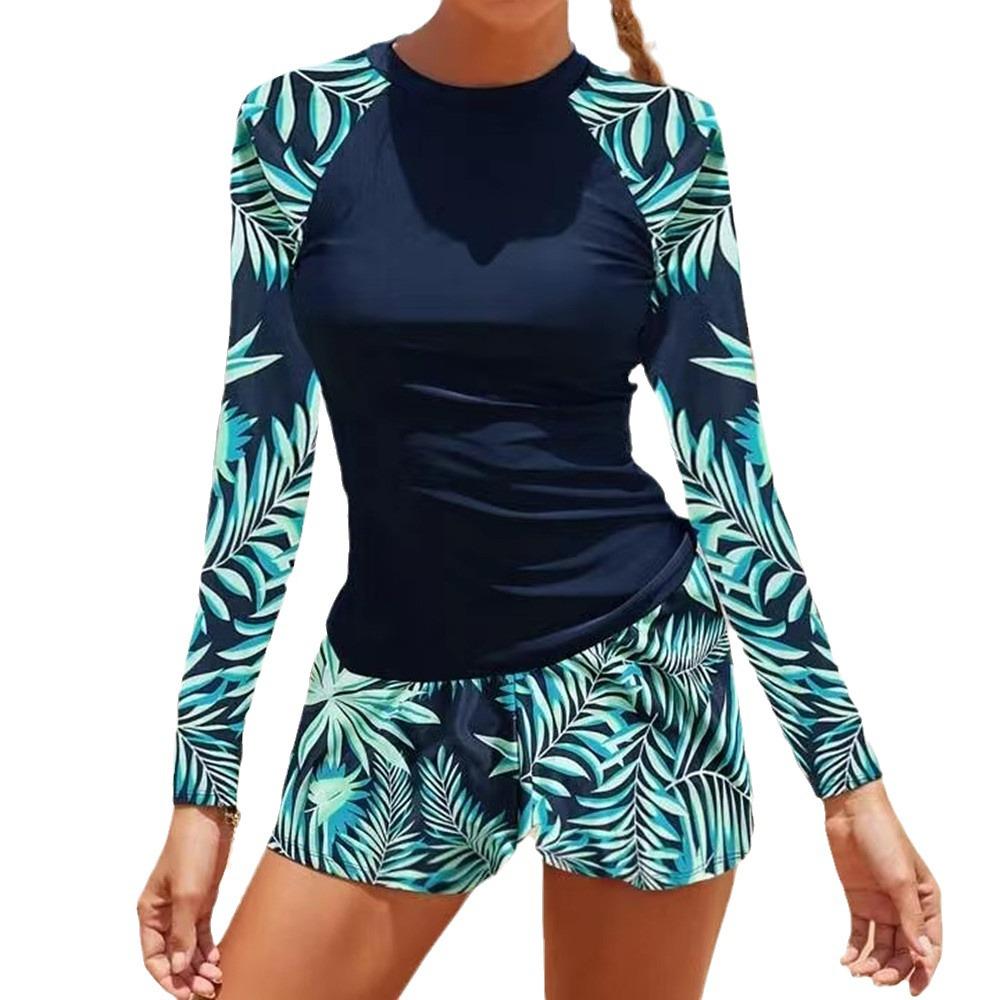 2024 Women's Long-Sleeved Digital Print Two-Piece Conservative Bikini