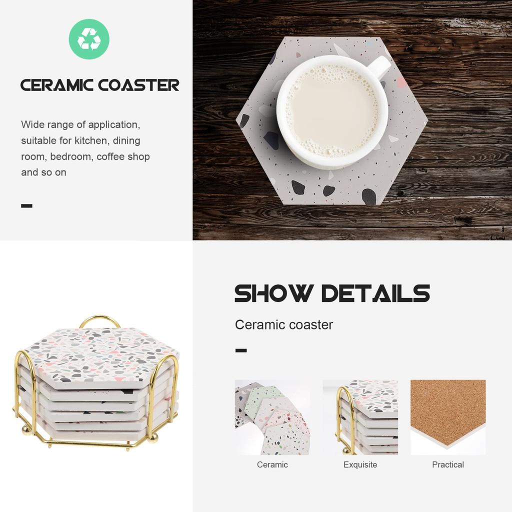 WINOMO Cork Coasters, Stylish Ceramic, Nordic Marble, Hexagonal, 6-Piece Set with Rack, Insulated, Absorbent, Quick-Drying, Non-Slip, Random Pattern