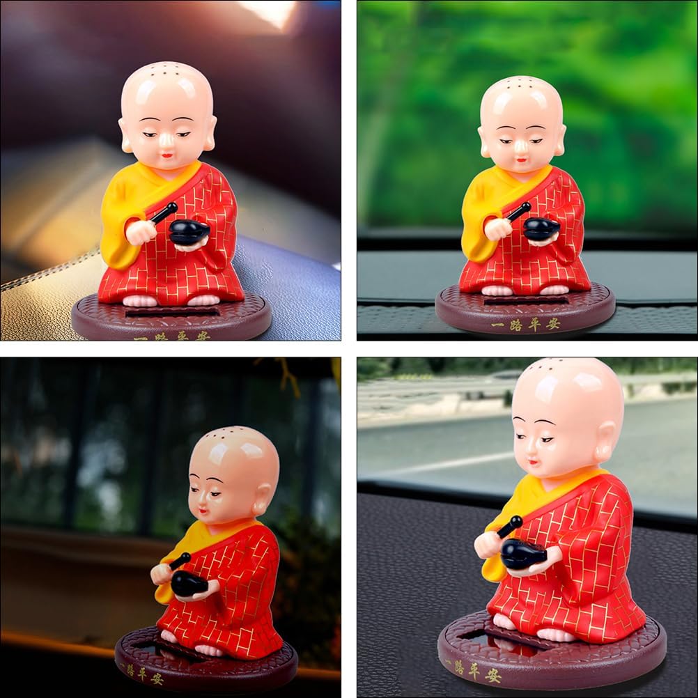 PRETYZOOM Little Monk Figurine, Solar-Powered Monk Ornament Car Dashboard Decoration, Plastic Monk Buddha Statue Bobble Head Toy for Home Office