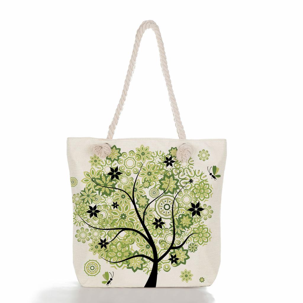 Flower tree print thick rope single-shoulder beach bag 7281 CLE
