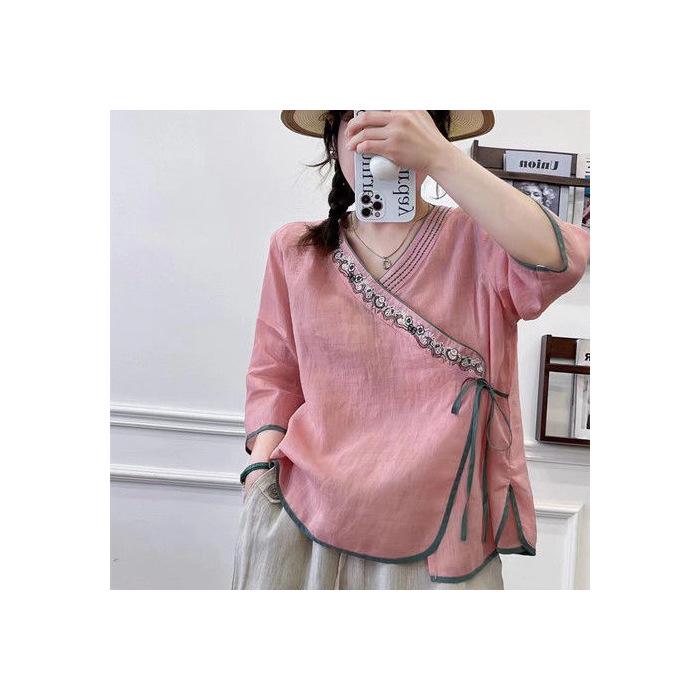 2023 Ethnic Retro Chinese Embroidered Ramie Shirt—Women's Loose Oblique Collar Top for Tea Ceremony