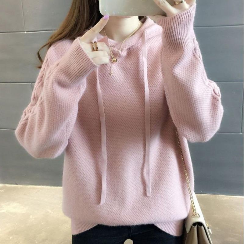 Svetr s kapucí Dámské Podzim/Zima Nový korejský svetr s volným rukávem Pevný Univerzální pletený svetr Dámský