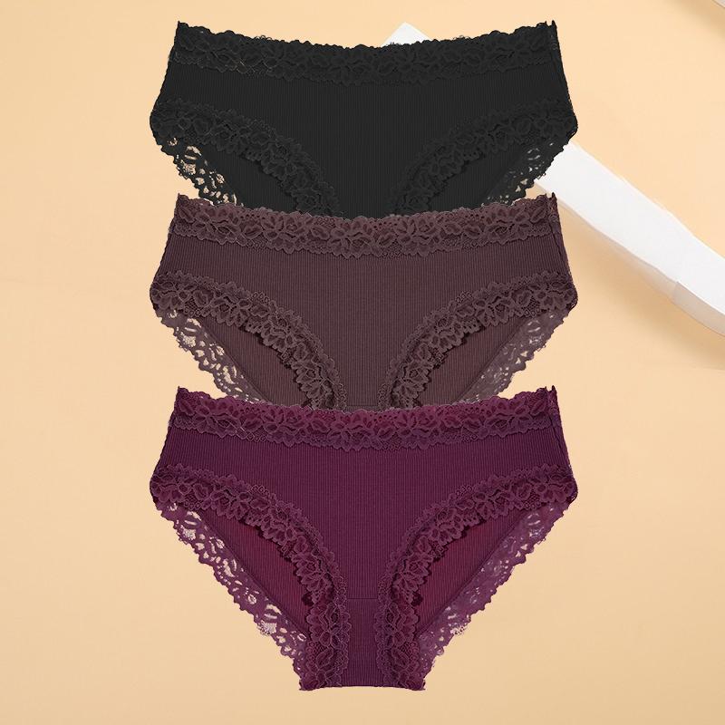 FINETOO 3 bucăți/set lenjerie de corp din bumbac pentru femei, sexy din dantelă, cu nervuri, cu flori, bikini, respirabil, solid, cu spatele în T, S-XL, chiloți sexy din dantelă