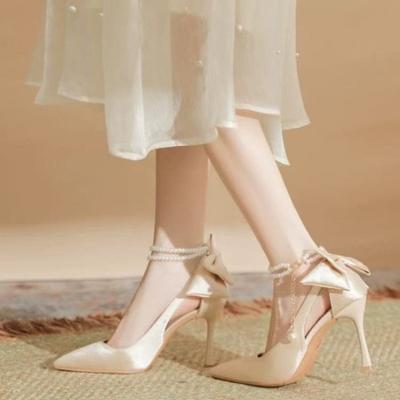 Bow Stiletto Single Shoes Fashion Pointed Toe Shallow Mouth Beaded Non-Slip Wear-Resistant High Heels