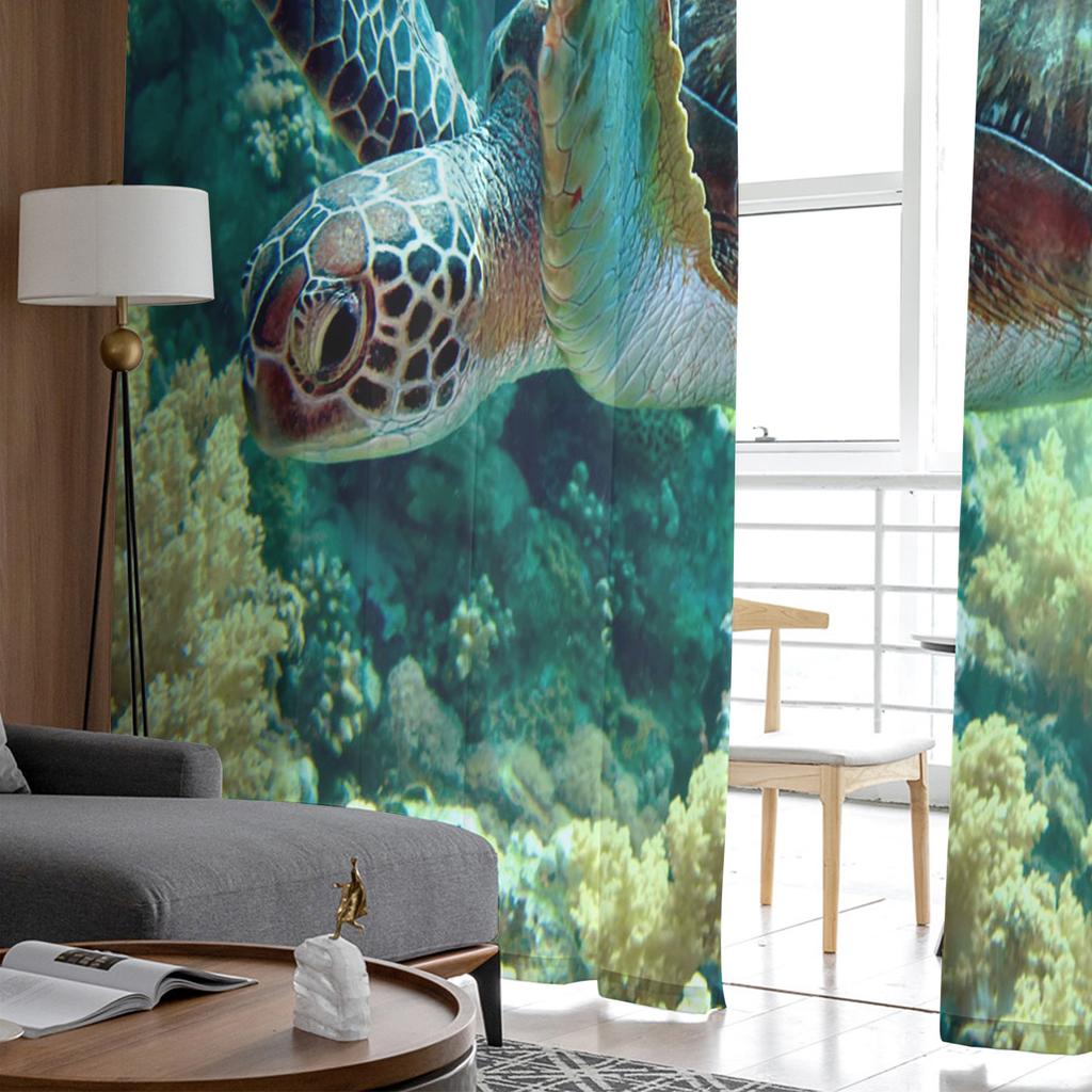 Blue Ocean Green Turtle Tulle Curtains For Living Room Bedroom Decoration Sheer Voile Window Curtains Party Drapes Panels