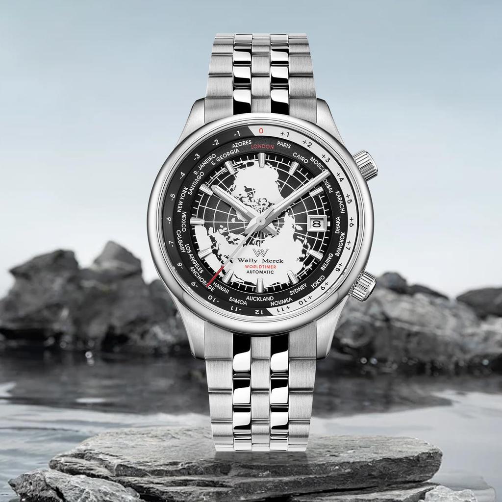 Herrenuhr mit Weltzeitfunktion, 100M Wasserdichtigkeit, Schlicht, Stilvoll, Beliebt und Formell - WM057 - Silber Schwarz