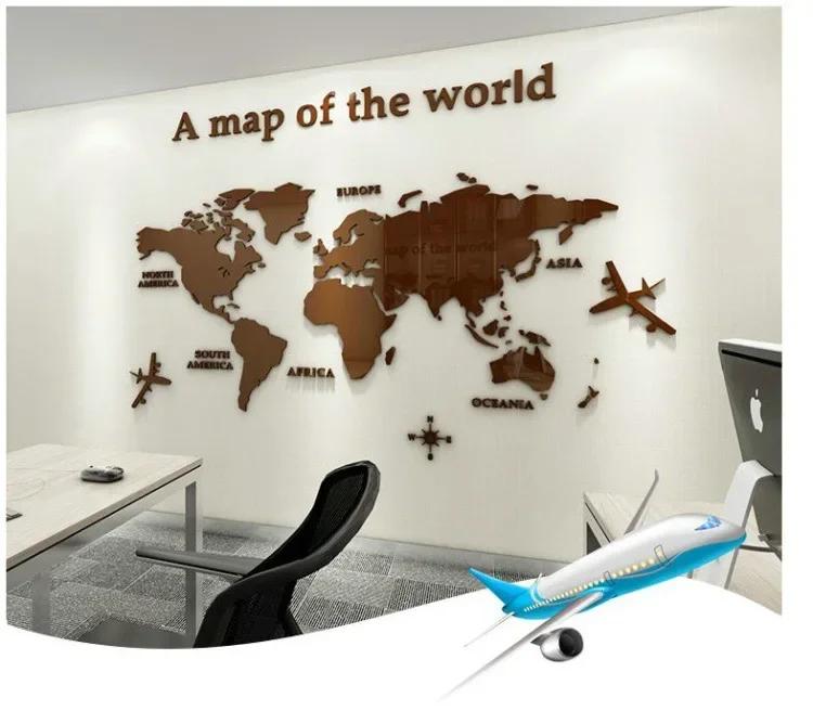 Fashion World Map Home Background Wall Stickers 3D Acrylic Three-dimensional Mirror Stickers Bedroom Office Wall Decor Stickers