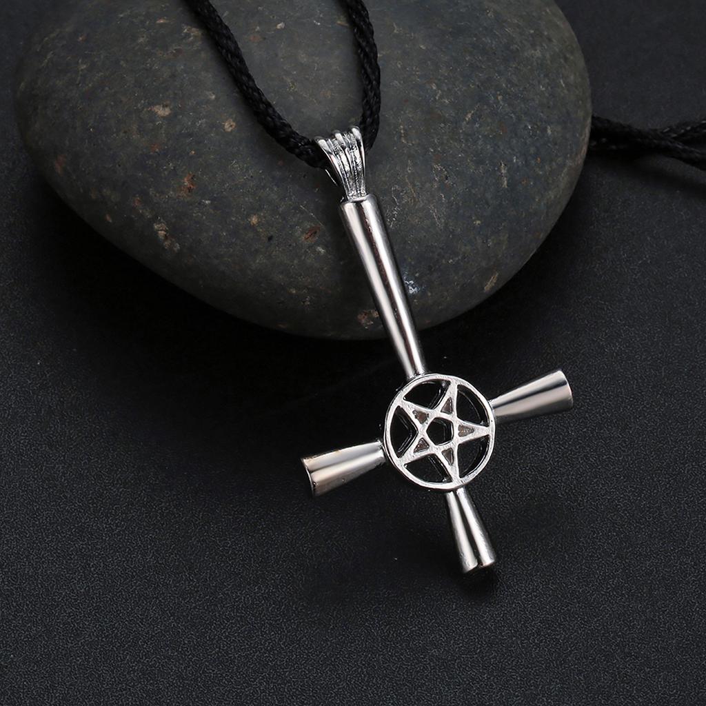 Kinitial Retro Inverted Pentagram Cross Necklaces Upside Down Lucifer Satan Satanic Symbol Pendant Necklace for Man Punk Jewelry
