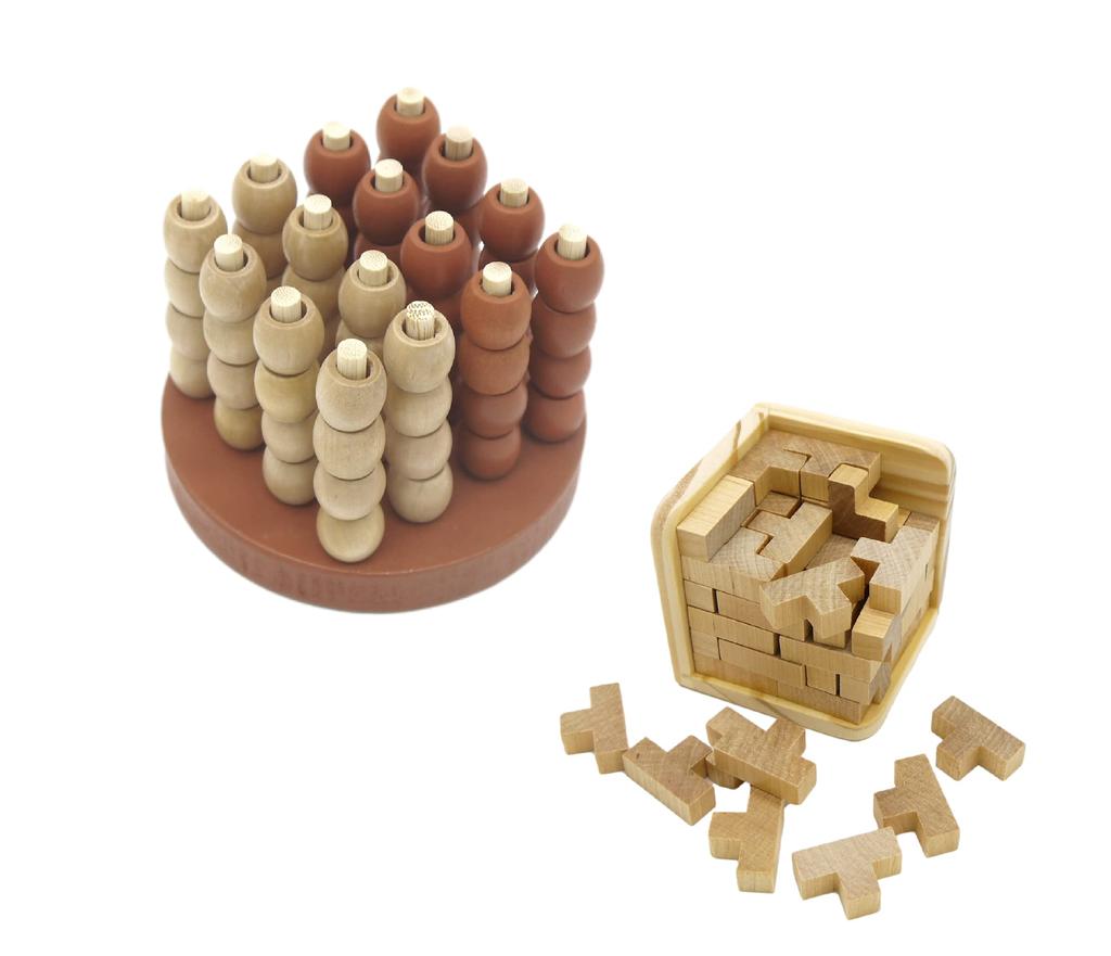 Masanaoya Wooden 3D Puzzle T-Shaped Soma Cube and 3D 4 In a Row T-Shaped Puzzle Set, Brain Training Set of 2