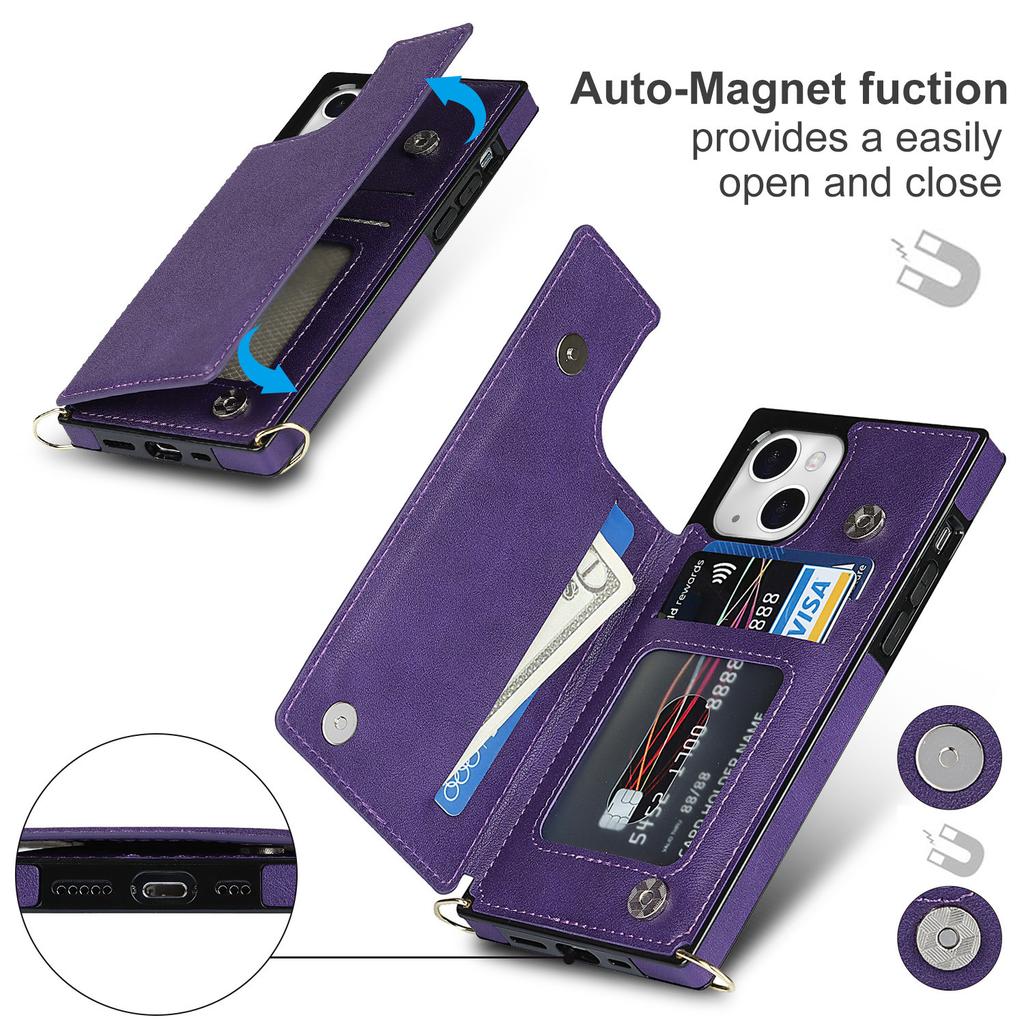 For iPhone 15 RFID Blocking Card Holder Back Cover Kickstand Phone Case with Shoulder Strap