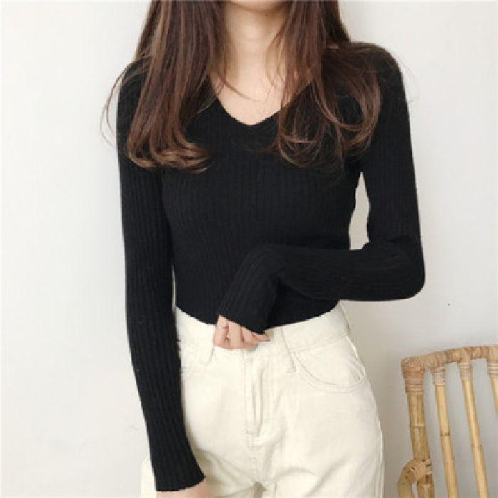 V-neck Women's Knitted Sweater, Long-sleeved, Versatile Base Layer Sweater