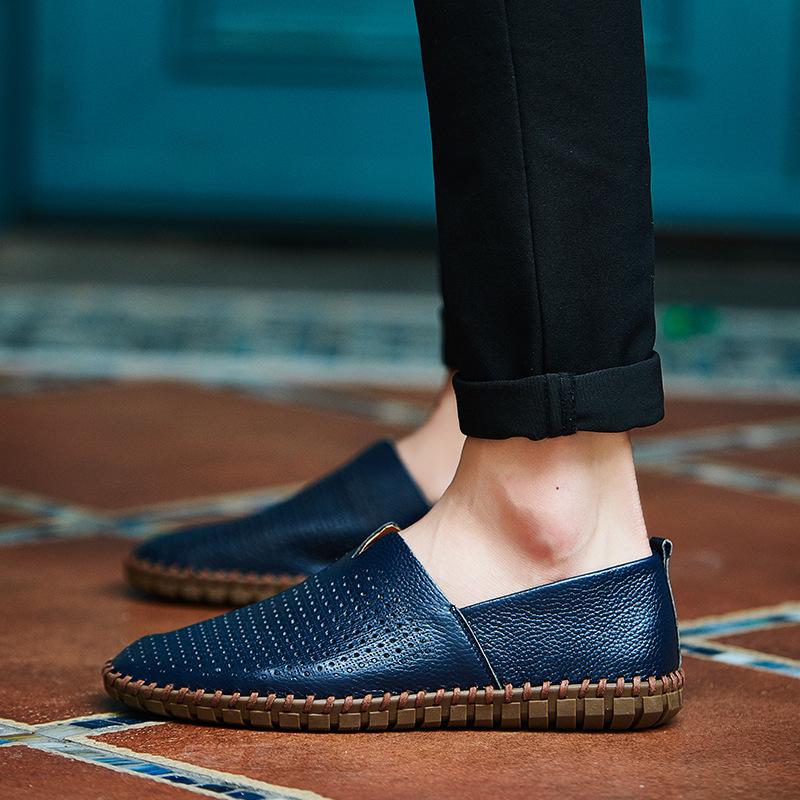 Men's Hollowed Out Leather Shoes Handmade Flat Moccasin Slip Into One Stirrup Casual Boat Shoes