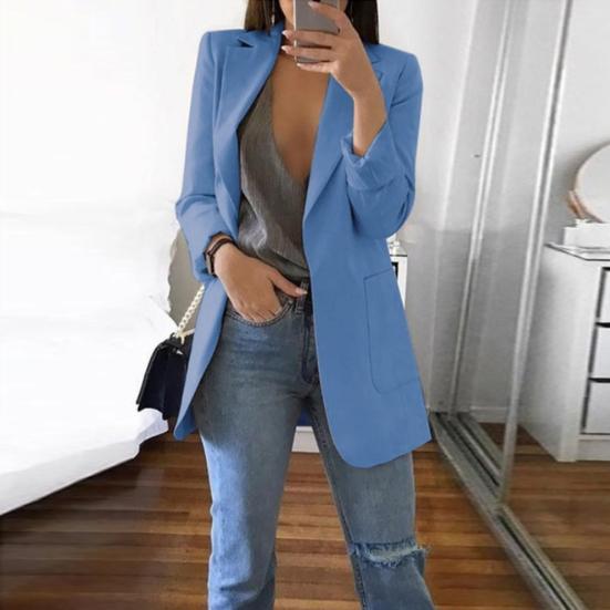 Fashion Women Solid Color Open Front Pockets Jacket Coat Long Office Blazer