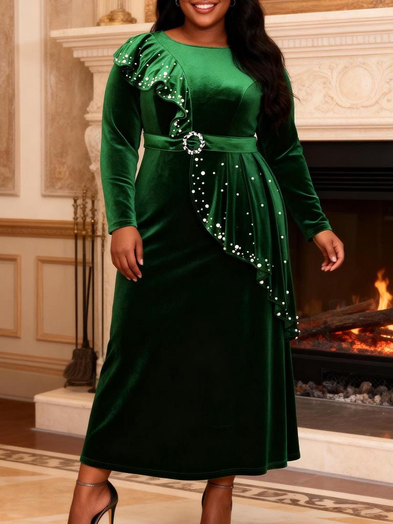 Elegant Plus Size Velvet Beaded Evening Gown with Waist-Cinching Ruffles