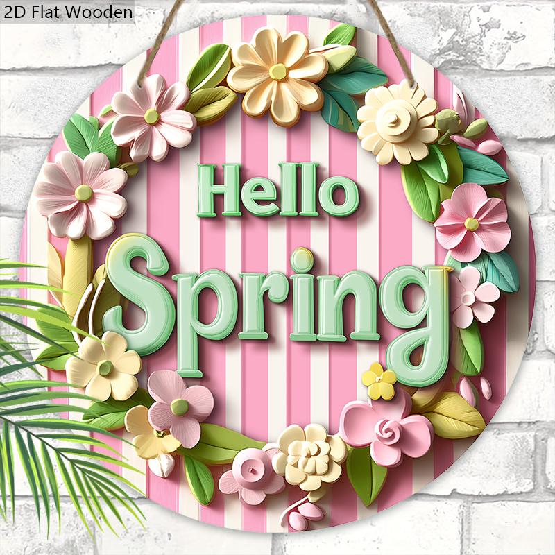 2D Flat, 1pc Hello Spring Wreath Wooden Sign Welcome Sign for House Patio Entry Door and Hallway Decoration Party Home Wall Art Decoration Spring