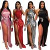 Sleeveless High Slit Solid Color Press Drill Dress Fashion Evening Gown Women's Long Dress Women's Dress
