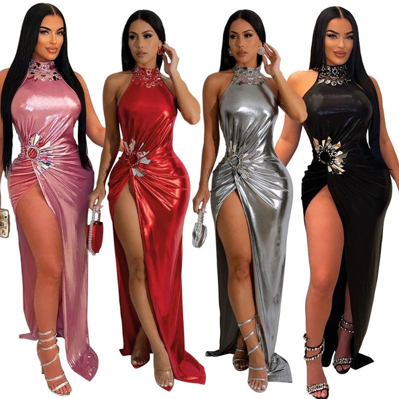 Sleeveless High Slit Solid Color Press Drill Dress Fashion Evening Gown Women's Long Dress Women's Dress